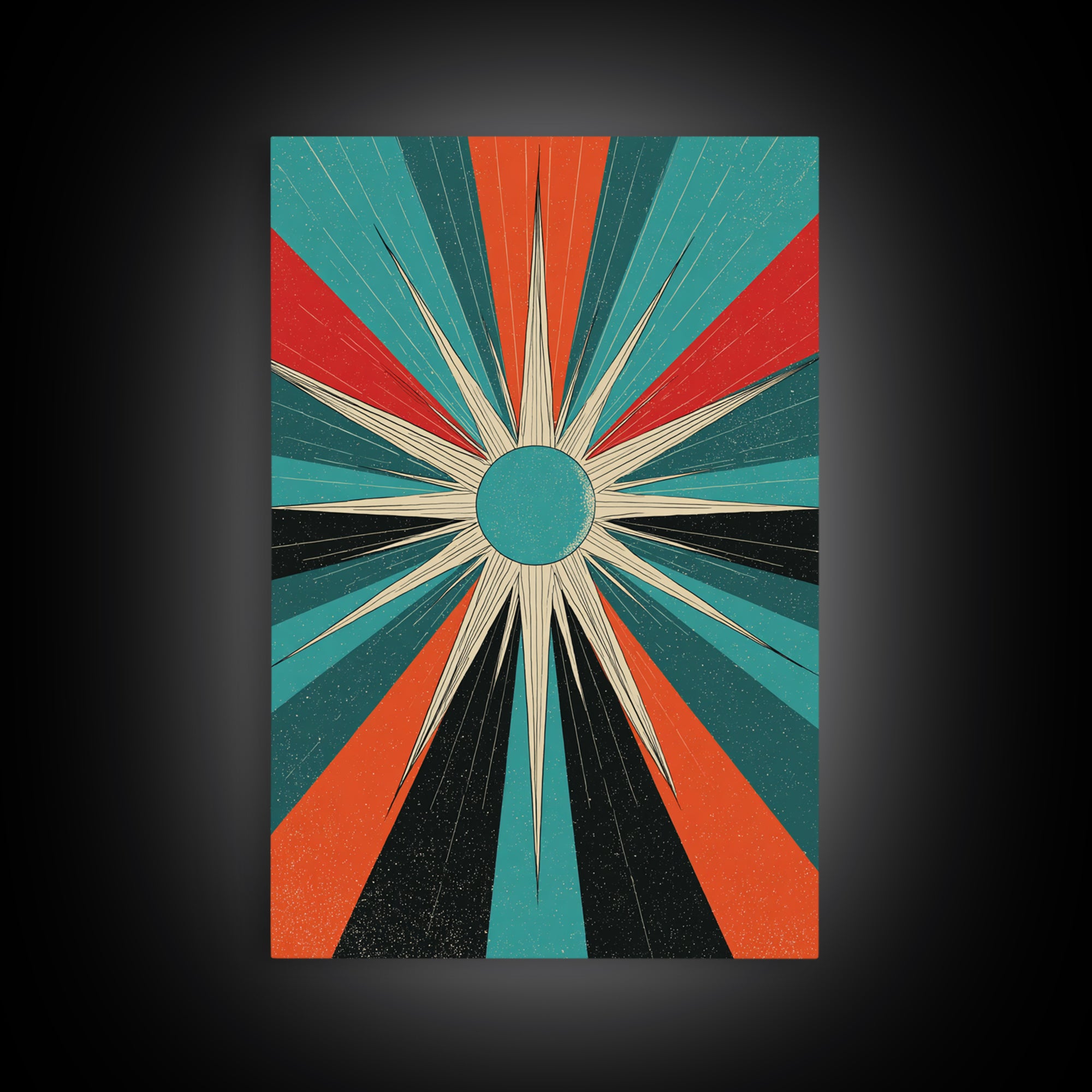 Teal Orange Retro Compass Starburst Framed Canvas Print, Midcentury Wall Art, Geometric Abstract, Atomic Mcm Wall Decor Print