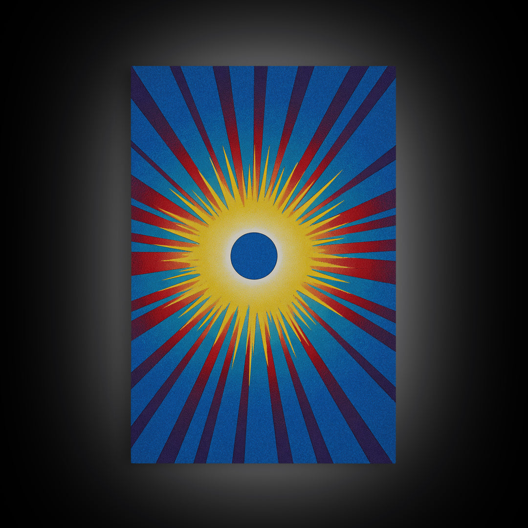 Blue Eclipse Sun With Yellow Burst Wall Art, Midcentury Modern, Space Abstract Art, Retro Poster, Bold Mcm Wall Decor Print