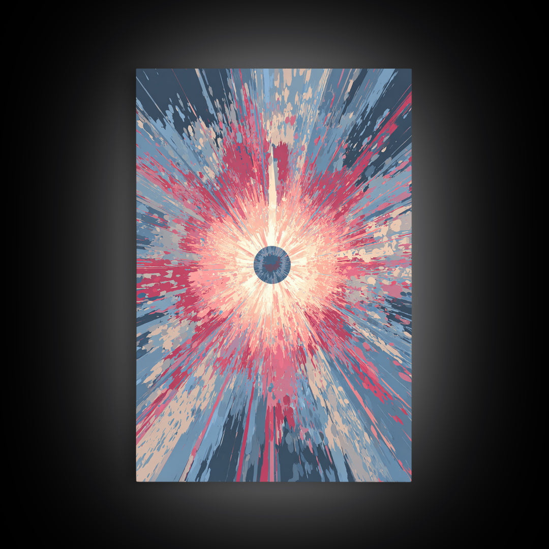 Pink Blue Exploding Starburst With Soft Rays Canvas Print, Modern Abstract Art, Colorful Wall Art, Trendy Home Office Decor