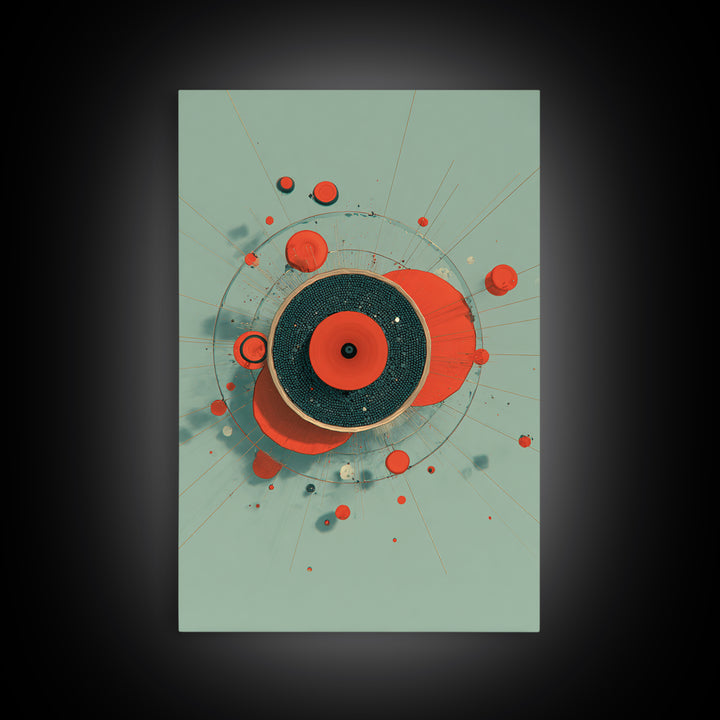 Red Teal Circular Planet Orbit Abstraction Framed Canvas Print, Modern Contemporary Art, Geometric Wall Art, Retro Home Decor