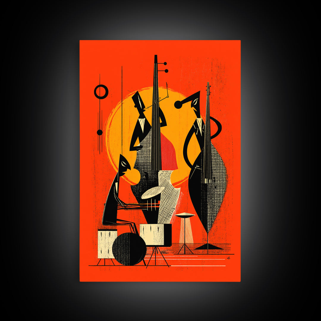 Orange Midcentury Jazz Musicians, Canvas Print, Mid Century Modern Wall Decor, Atomic Abstract Art Poster, Bold Mcm Artwork