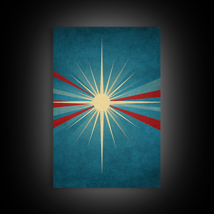 Minimal Teal Starburst With Red Rays Canvas Print, Midcentury Modern Wall Art, Atomic Retro Poster, Mcm Home Decor Print