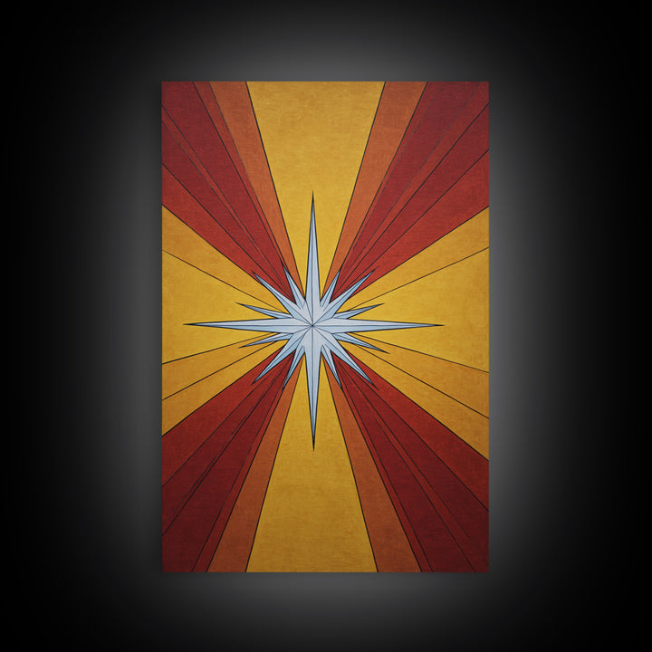 Red Gold Compass Star Canvas Print, Midcentury Modern Art, Atomic Retro Poster, Geometric Wall Decor, 1960s MCM Print Gift