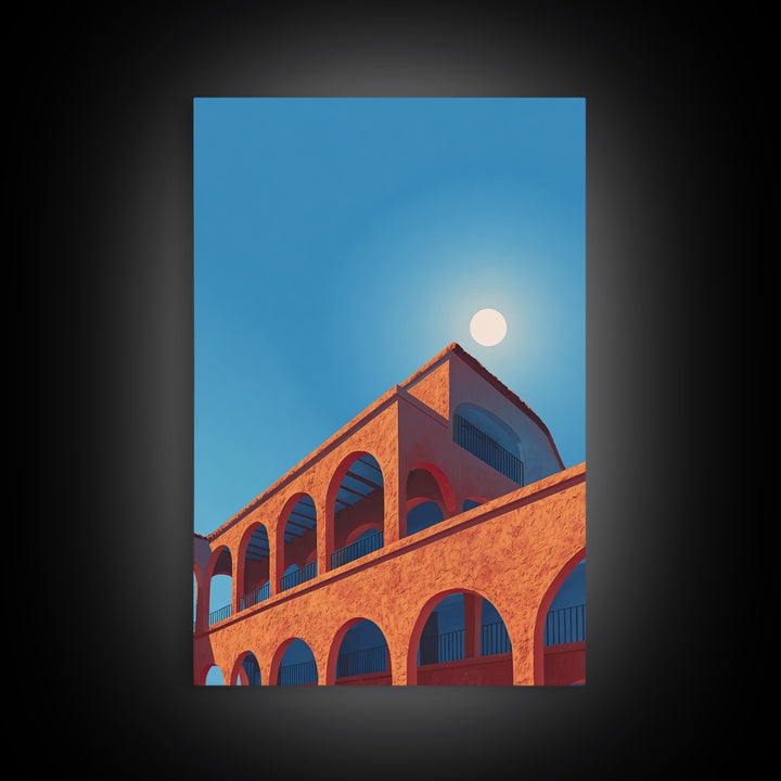 Terracotta Arcade With White Sun Wall Art, Modern Architectural Art, Palm Springs Decor, Orange Blue Travel Poster, MCM Print