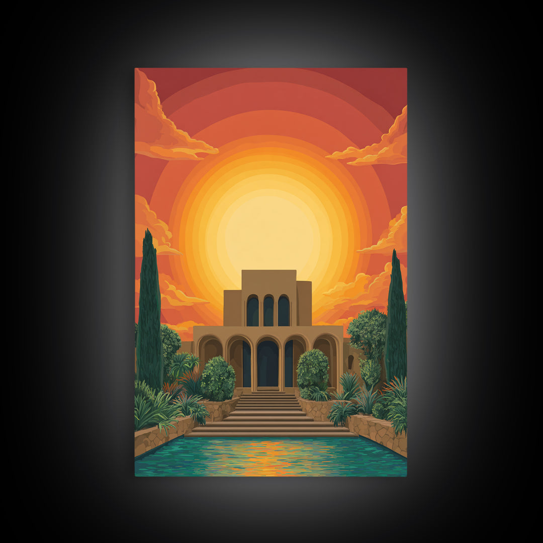 Art Deco Villa Sunset Canvas Print, Midcentury Modern Wall Art, Orange Sun Poster, Tropical Garden Living Room Decor Print