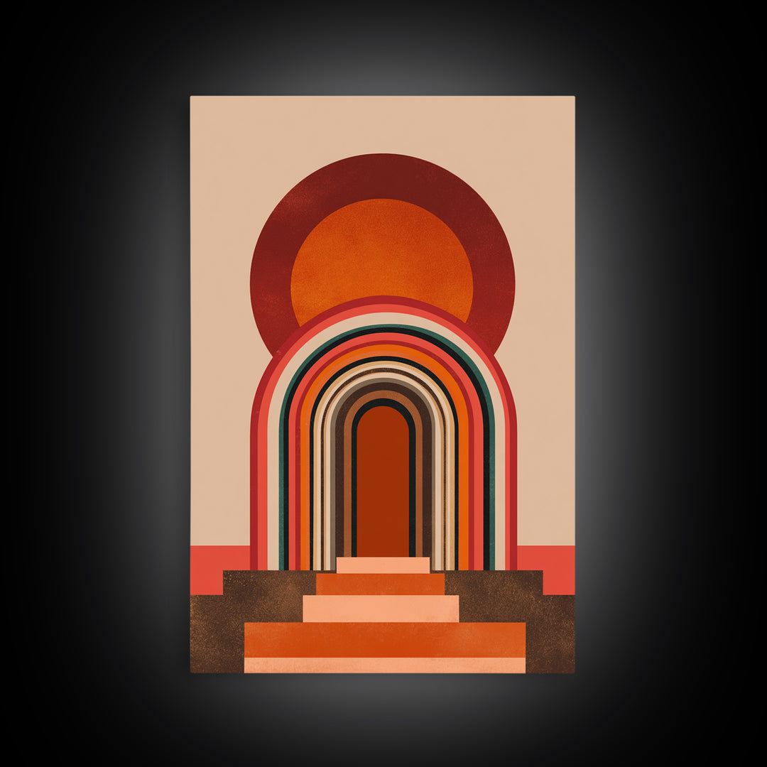 Layered Rainbow Arch Doorway Wall Art, Midcentury Abstract Poster, Geometric Wall Decor, 70s Art Print, Warm Orange MCM Style