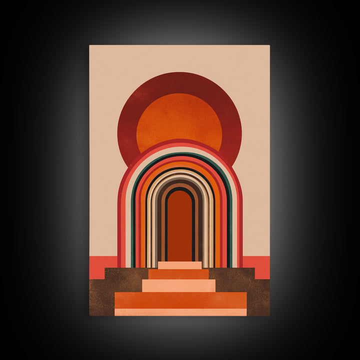 Layered Rainbow Arch Doorway Wall Art, Midcentury Abstract Poster, Geometric Wall Decor, 70s Art Print, Warm Orange MCM Style