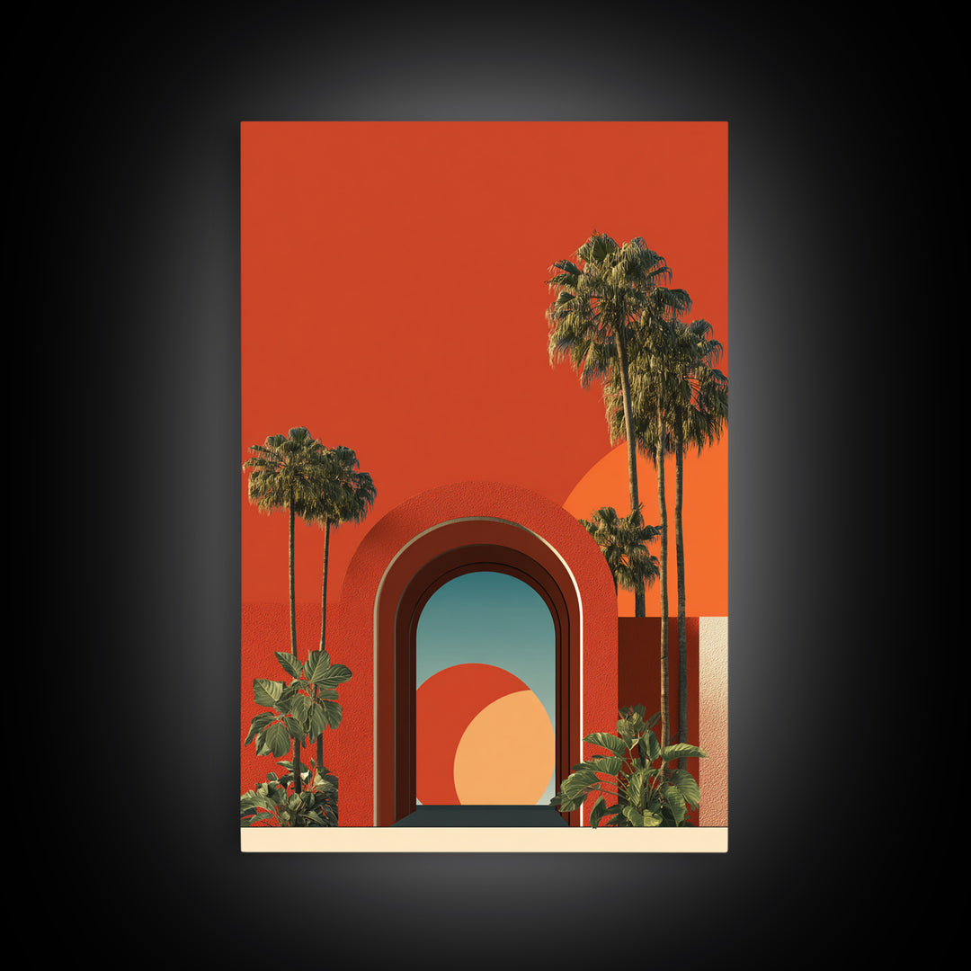 Red Orange Palm Springs Portal Wall Art, Retro Desert Print, Midcentury Modern Decor, Tropical Wall Decor, Bold MCM Poster