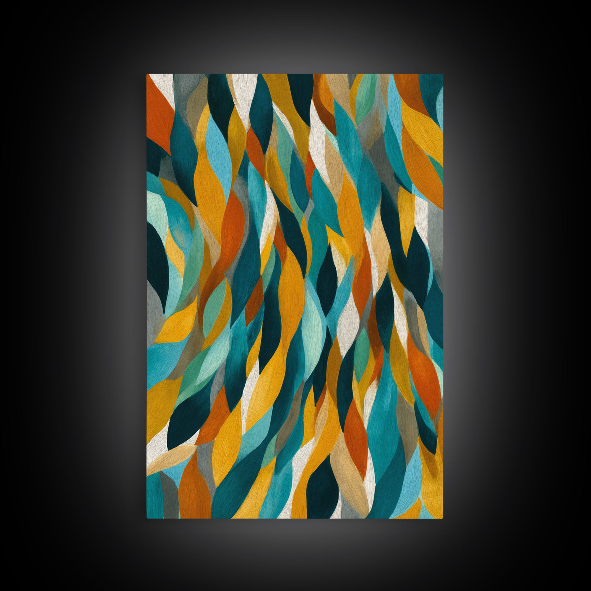 Layered Teal Mustard Leaf Abstract Wall Art, Mid Century Modern Canvas Print, Retro Geometric Statement Living Room Decor