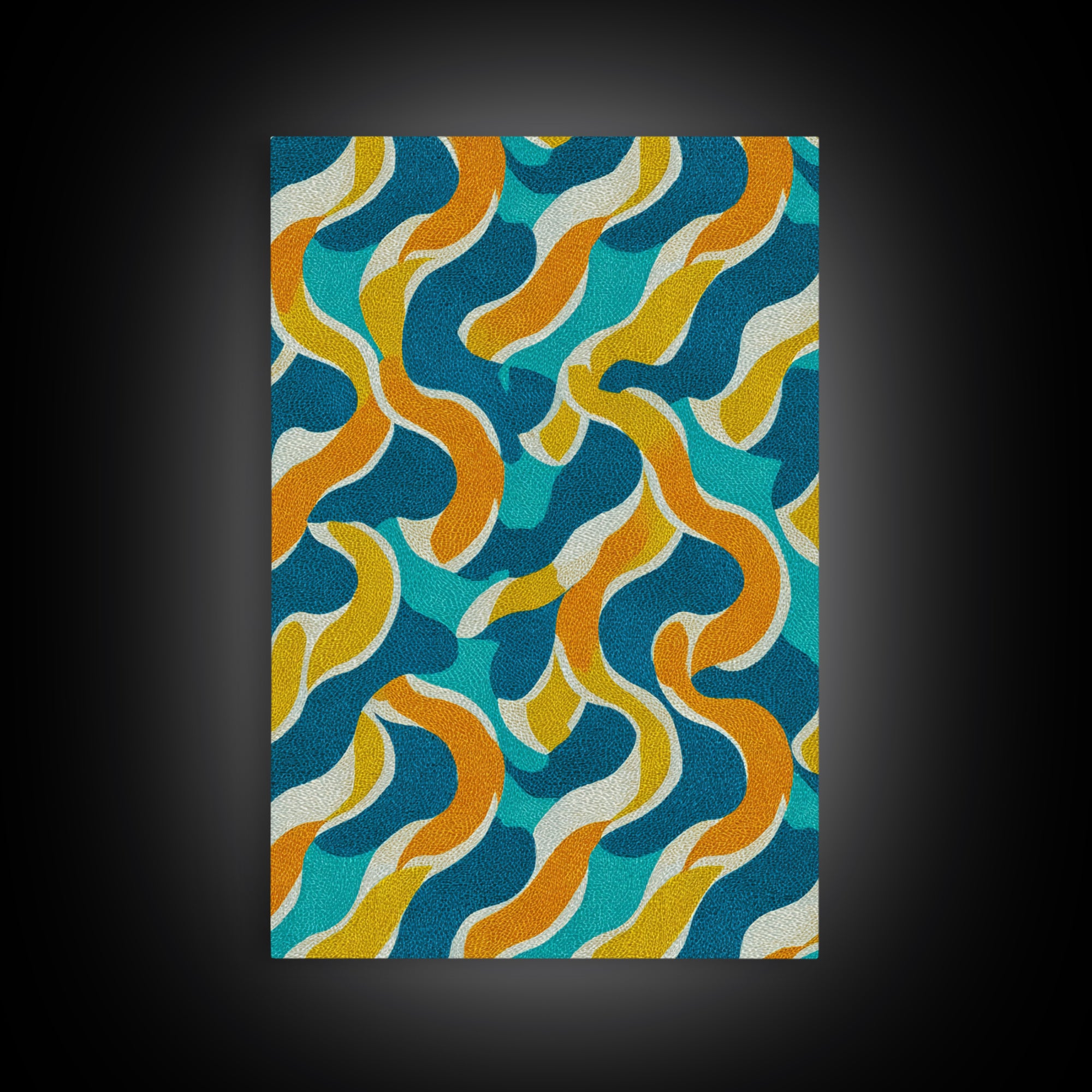 Wavy Teal Gold Ribbon Abstract Wall Art, Mid Century Modern Canvas Print, Retro Geometric Pattern Bedroom Living Room Decor