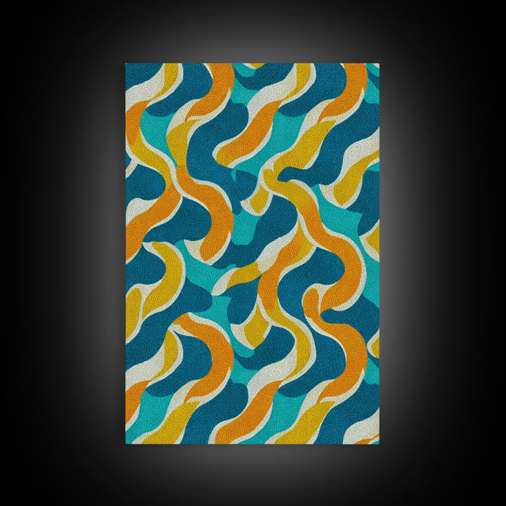 Wavy Teal Gold Ribbon Abstract Wall Art, Mid Century Modern Canvas Print, Retro Geometric Pattern Bedroom Living Room Decor
