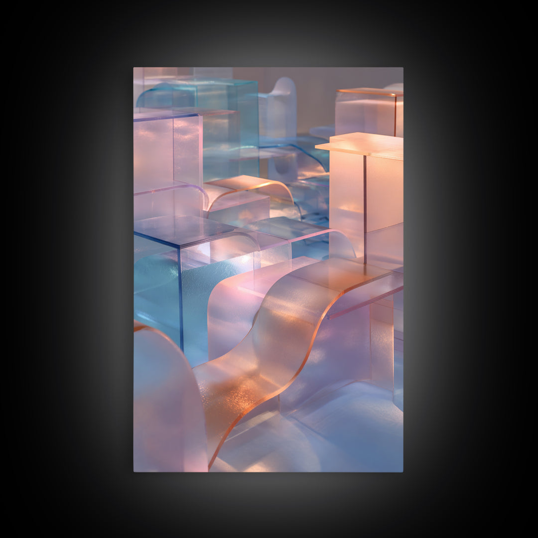 Pastel Glass City Blocks, Canvas Print, Modern Abstract Art, Architectural Wall Decor, Soft Blue Pink Home Office Artwork