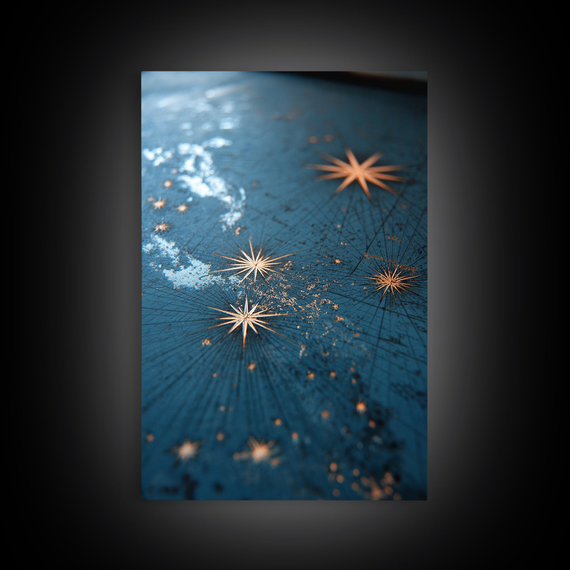 Gold Starburst Night Sky Wall Art, Blue Celestial Abstract Print, Midcentury Modern Decor, Bedroom And Living Room Decor