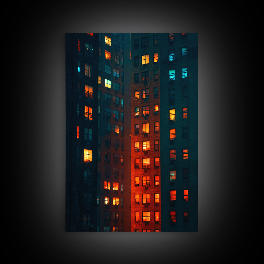Glowing Apartment Windows Wall Art, Urban Night Photography Print, Modern Wall Decor, Cityscape Poster For Loft Living Room