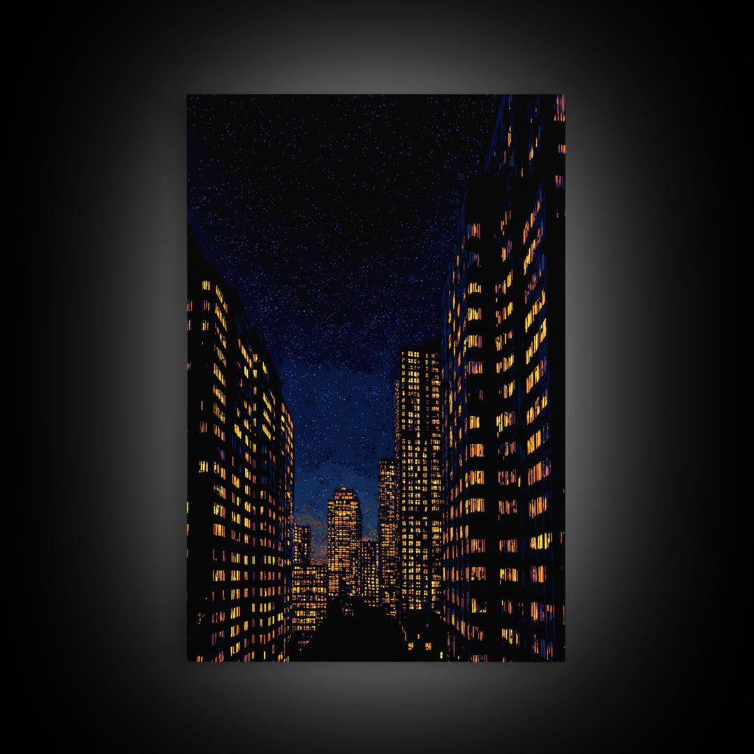 Starry City Street Canvas Print, Night Skyline Between Tall Buildings, Modern Wall Art Decor, Urban Poster For Home Office