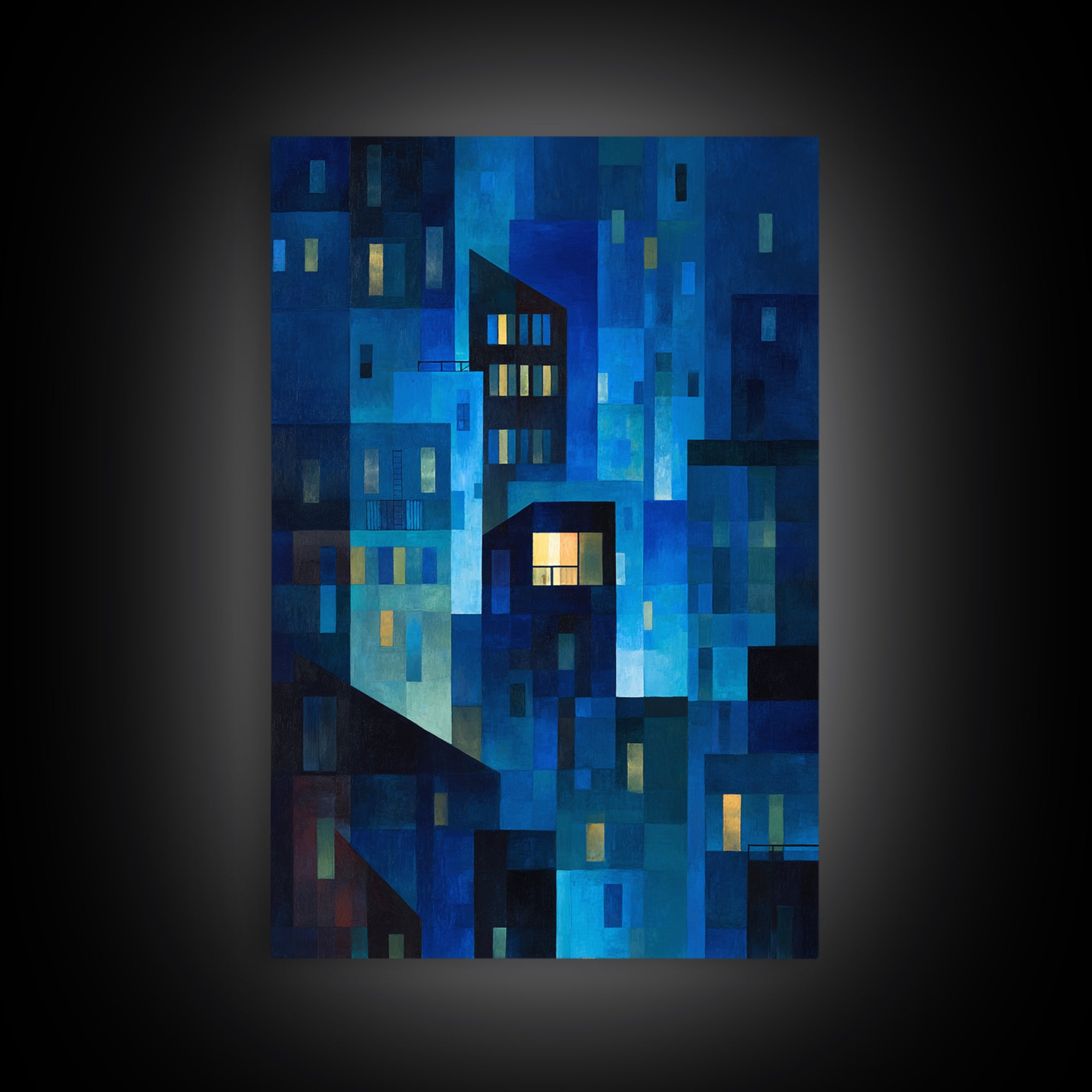 Abstract Blue City Blocks Wall Art, Geometric Night Buildings Print, Midcentury Modern Decor, Contemporary Living Room Art