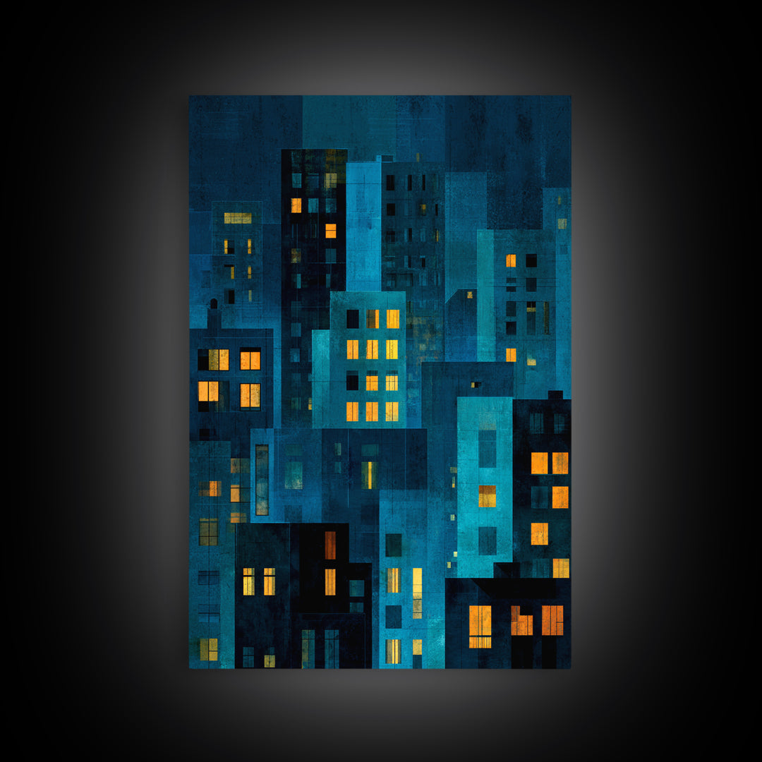 Moody Blue Urban Skyline Wall Art, Abstract City Windows Print, Midcentury Modern Wall Decor, Office And Living Room Poster