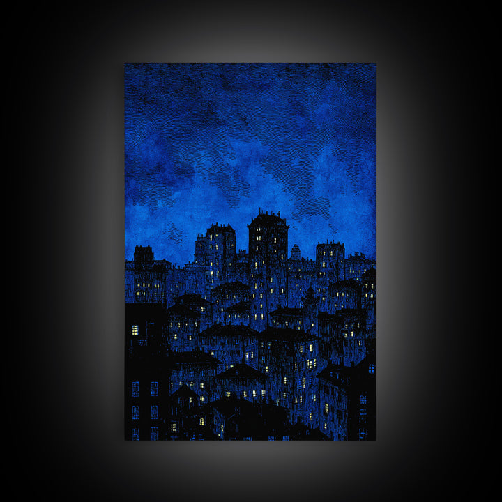 Indigo Linocut Cityscape Canvas Print, Night Skyline Wall Art, Blue Modern Art Print, Urban Home Office Decor Poster Gift