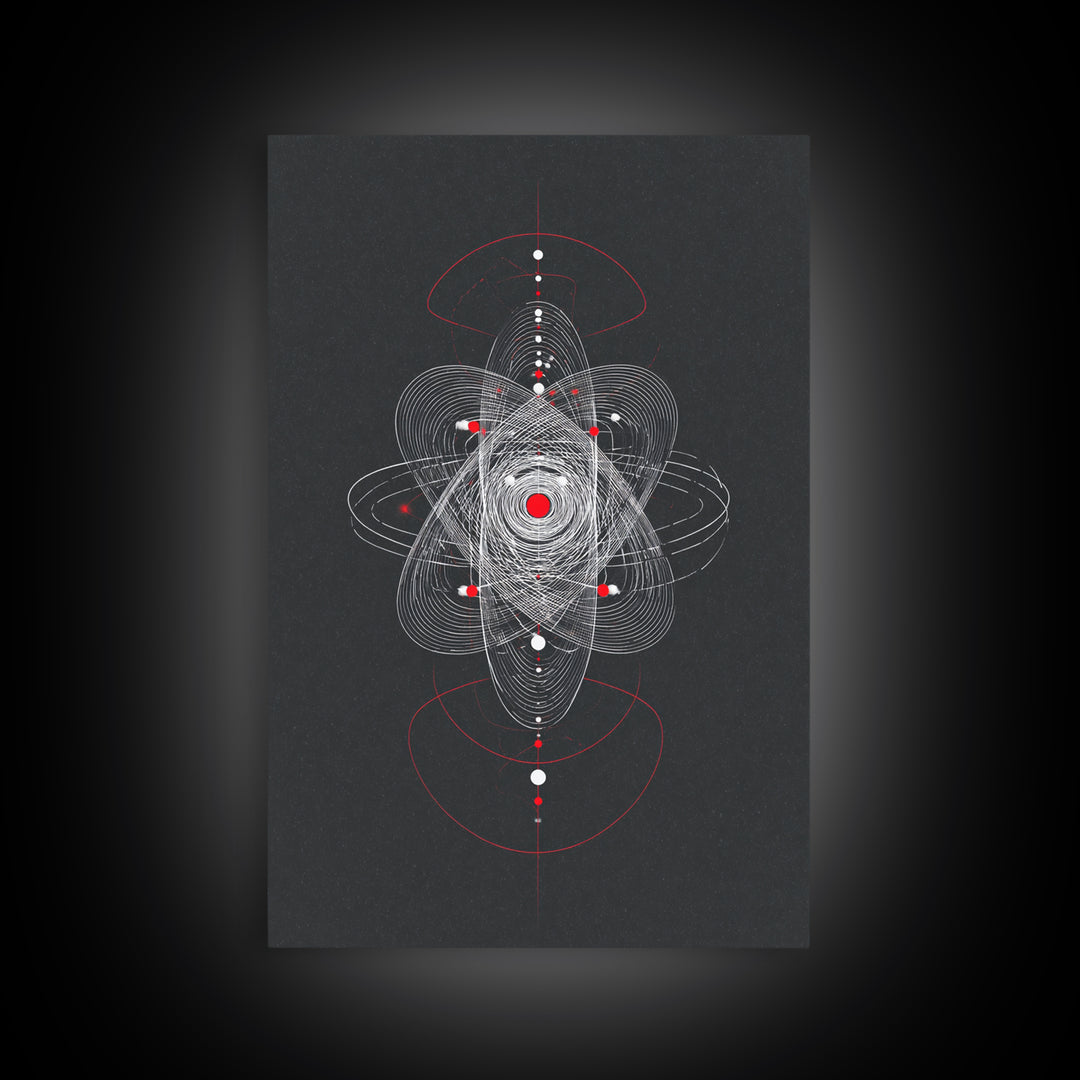 Atomic Orbit Geometry Wall Art, Red White Abstract Line Print, Midcentury Modern Decor, Space Sci Fi Poster For Office Studio