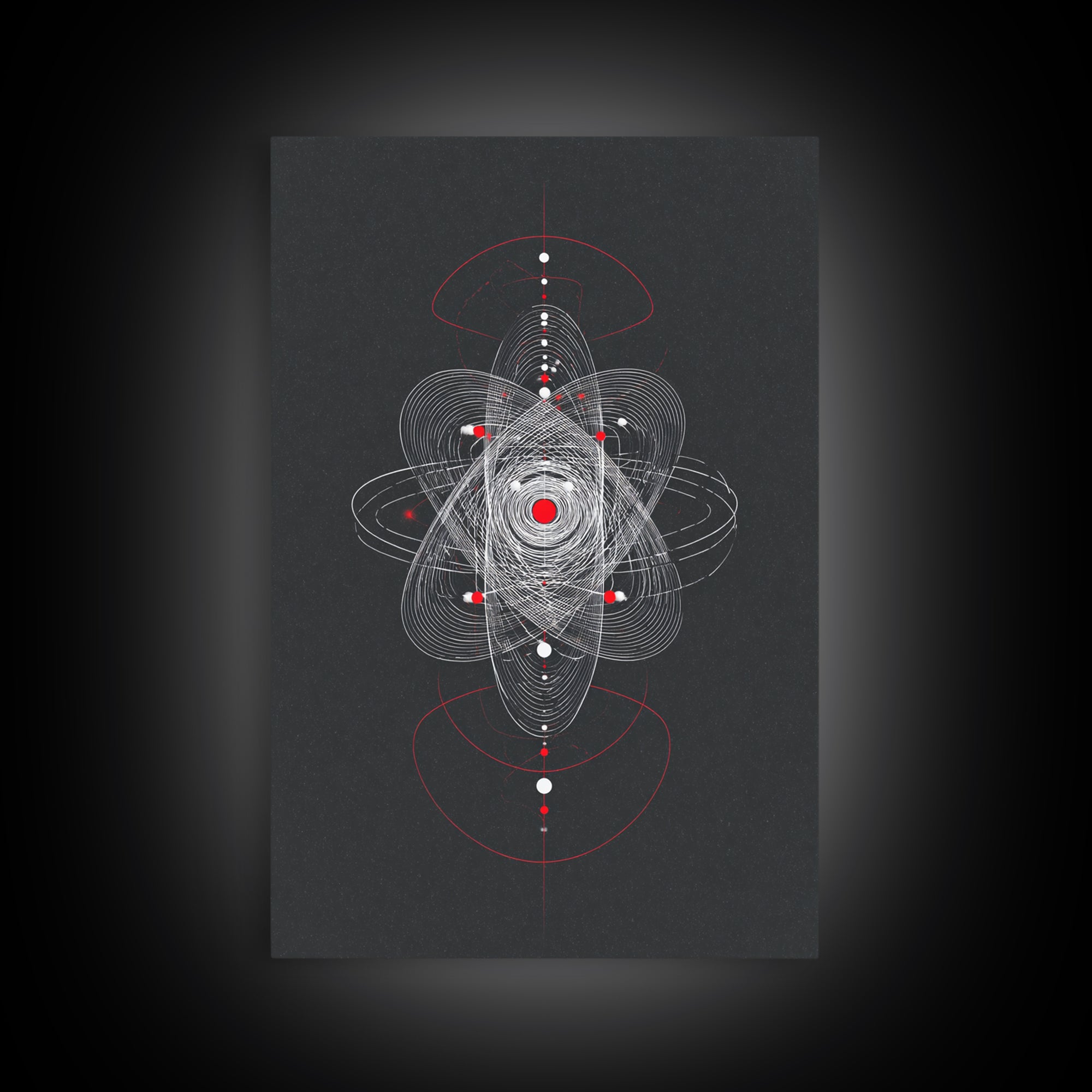 Atomic Orbit Geometry Wall Art, Red White Abstract Line Print, Midcentury Modern Decor, Space Sci Fi Poster For Office Studio
