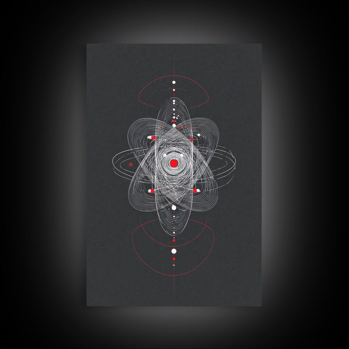 Atomic Orbit Geometry Wall Art, Red White Abstract Line Print, Midcentury Modern Decor, Space Sci Fi Poster For Office Studio