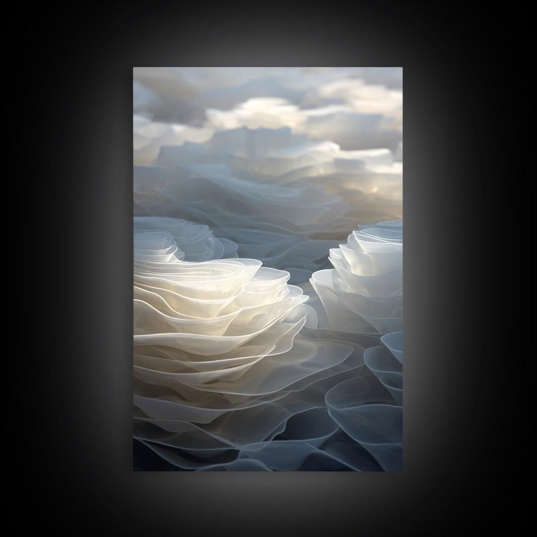 White Layered Petal Waves, Framed Canvas Print, Minimalist Wall Art, Neutral Abstract Decor, Soft Botanical Modern Artwork