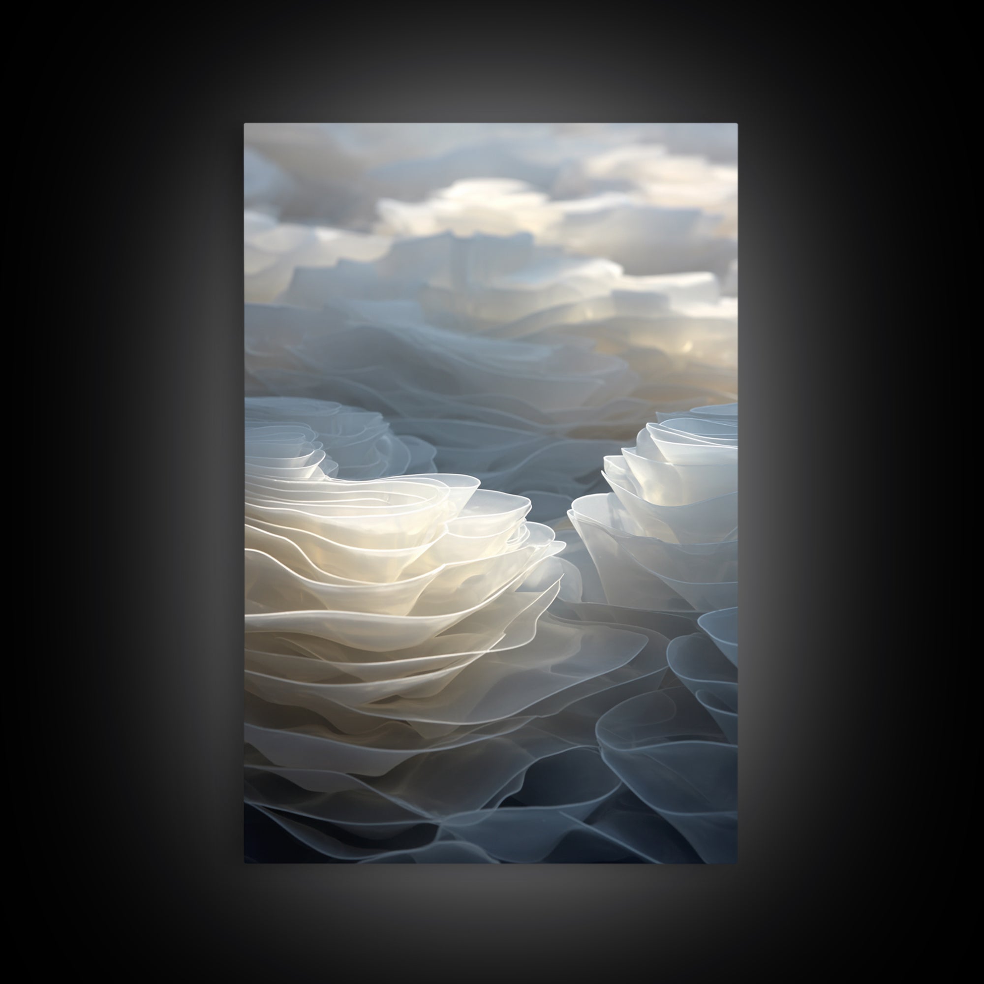 White Layered Petal Waves, Framed Canvas Print, Minimalist Wall Art, Neutral Abstract Decor, Soft Botanical Modern Artwork