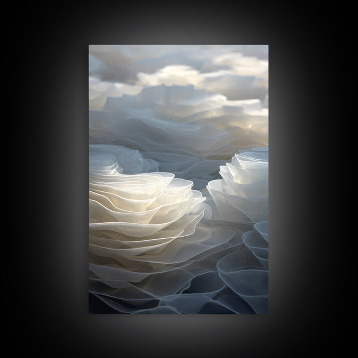 White Layered Petal Waves, Framed Canvas Print, Minimalist Wall Art, Neutral Abstract Decor, Soft Botanical Modern Artwork