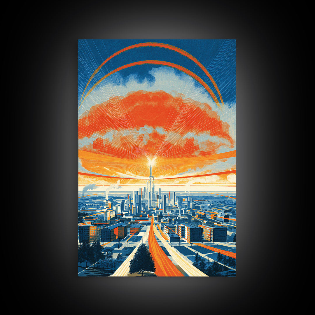 Retro Futurist City Sunset Wall Art, Orange Blue Midcentury Modern Poster, Architectural Art, Travel Wall Decor, Large Print
