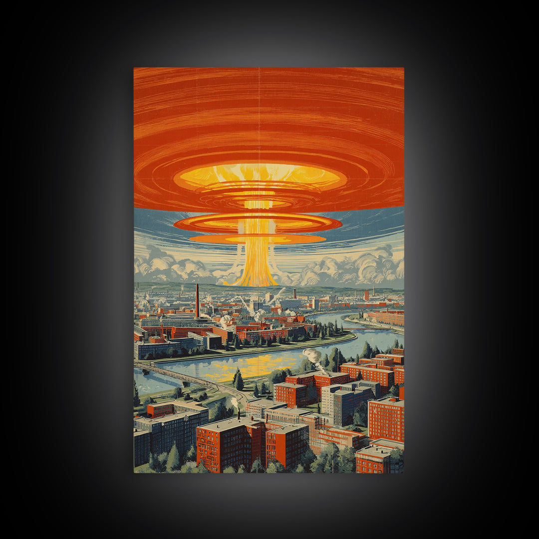 Retro Futuristic City With Orange Saucer Beam, Canvas Print, Mid Century Modern Wall Art, Sci Fi Poster, Atomic MCM Decor
