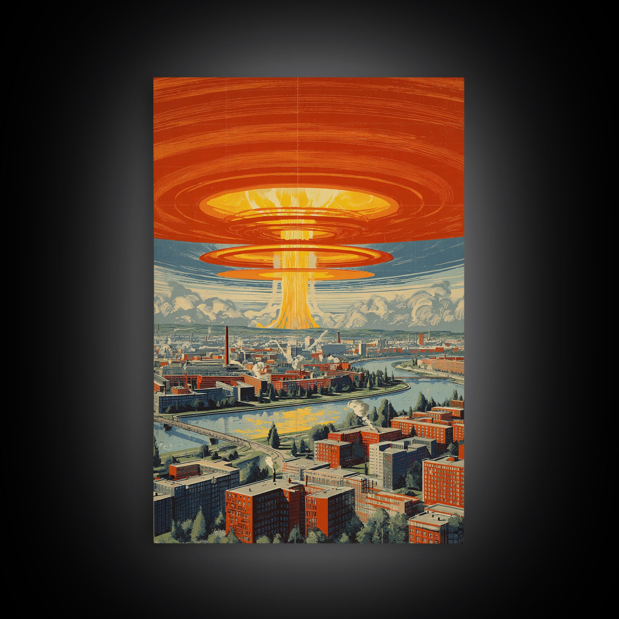 Retro Futuristic City With Orange Saucer Beam, Canvas Print, Mid Century Modern Wall Art, Sci Fi Poster, Atomic MCM Decor