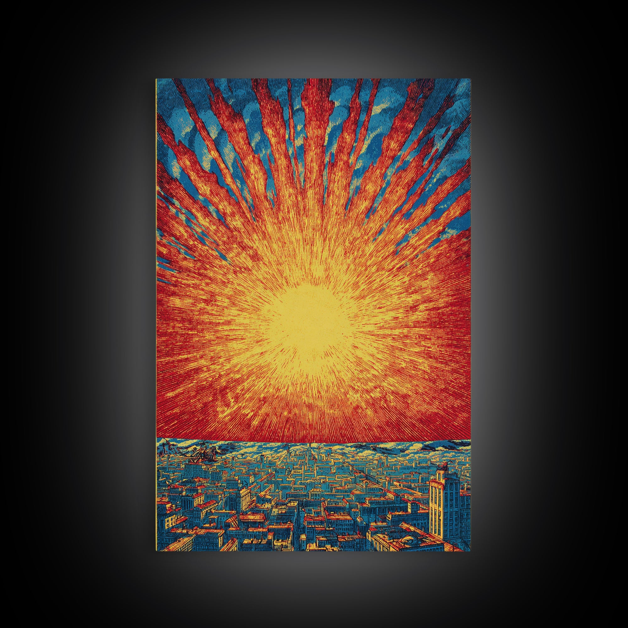 Fiery Solar Burst Over City Skyline, Wall Art, Mid Century Modern Art Print, Retro Sci Fi Poster, Atomic Orange Home Decor