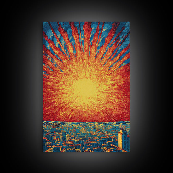 Fiery Solar Burst Over City Skyline, Wall Art, Mid Century Modern Art Print, Retro Sci Fi Poster, Atomic Orange Home Decor