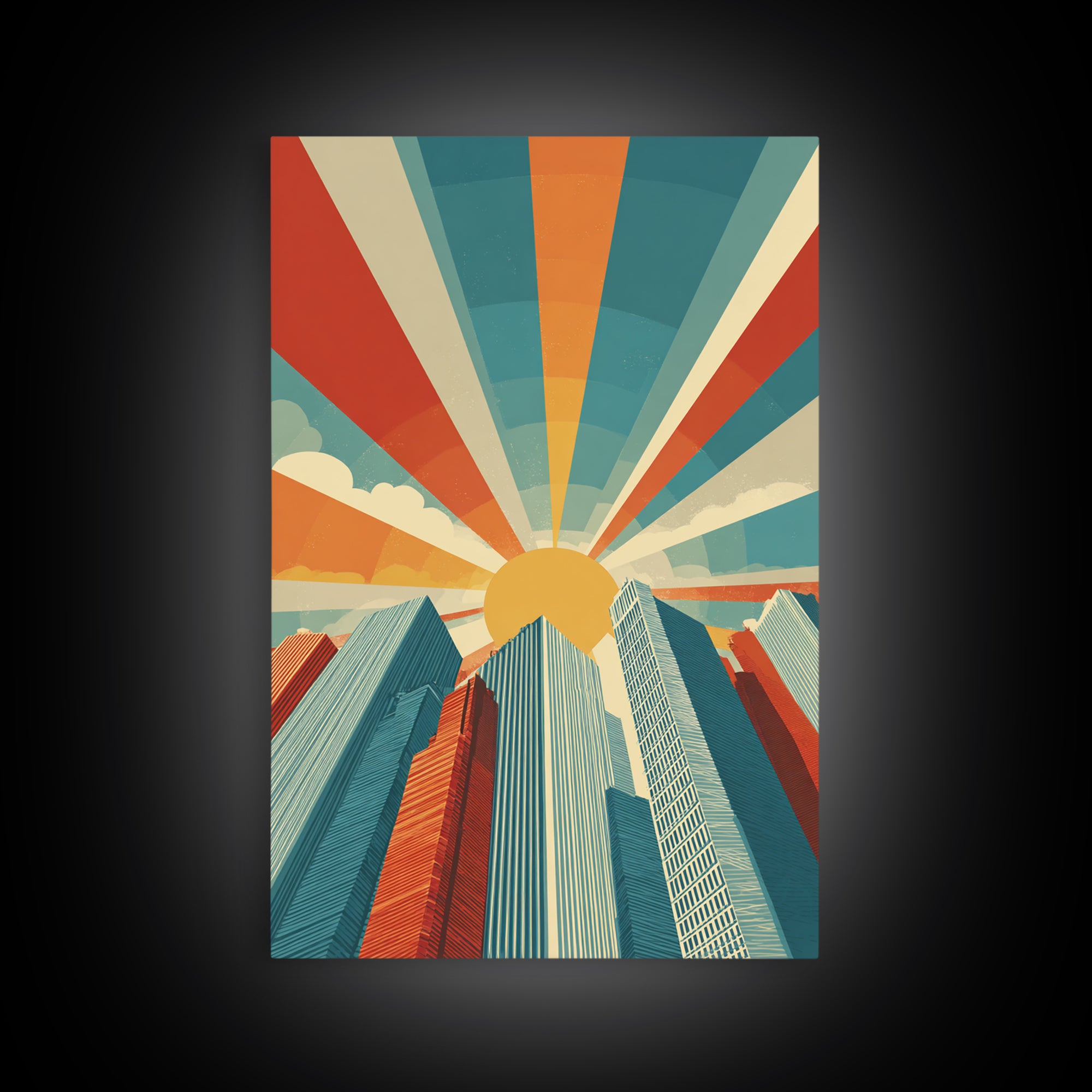Low Angle Skyscrapers With Radiant Sun, Canvas Print, Mid Century Modern Wall Art, Geometric Poster, Retro Office Decor Print