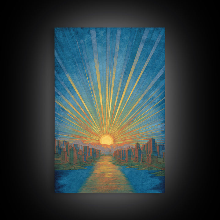 Blue River Sunset Over Modern City Skyline, Wall Art, Mid Century Modern Art Print, Retro Sun Poster, Teal Orange Decor