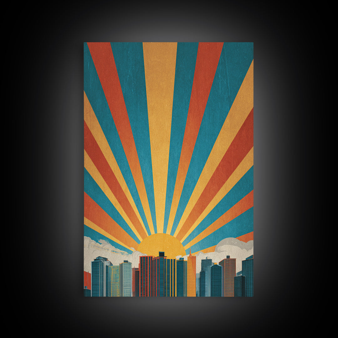 Bold Sunrise Behind Downtown Skyline, Canvas Print, Mid Century Modern Wall Art, Retro Geometric Poster, Teal Orange Decor