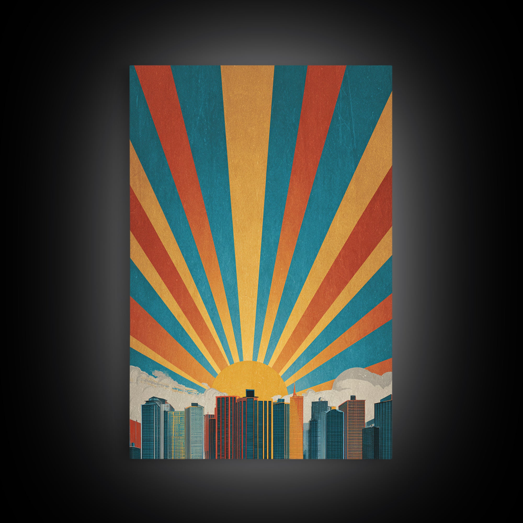 Bold Sunrise Behind Downtown Skyline, Canvas Print, Mid Century Modern Wall Art, Retro Geometric Poster, Teal Orange Decor