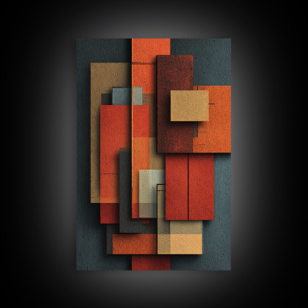 Rust Orange Teal Rectangles Framed Canvas Print, Midcentury Modern Geometric Wall Art, Atomic MCM Decor, Bold Abstract Painting