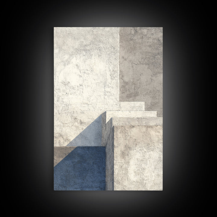 Minimal Concrete Stair Shadow Canvas Print, Modern Abstract Wall Art, Neutral Architectural Decor, Blue Beige Office Poster