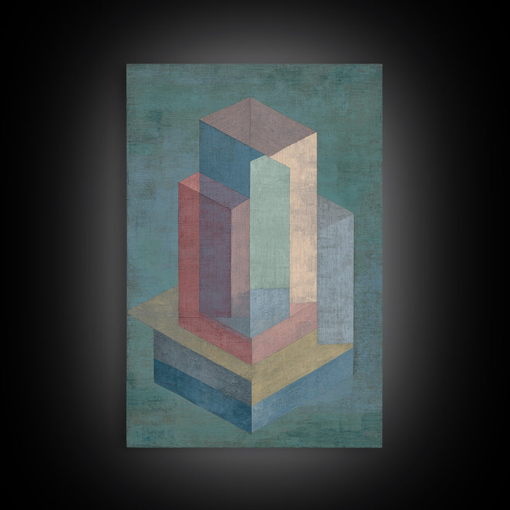 Teal Isometric Blocks Framed Canvas Print, Midcentury Modern Geometric Wall Art, Pastel Architecture Decor, MCM Artwork Print
