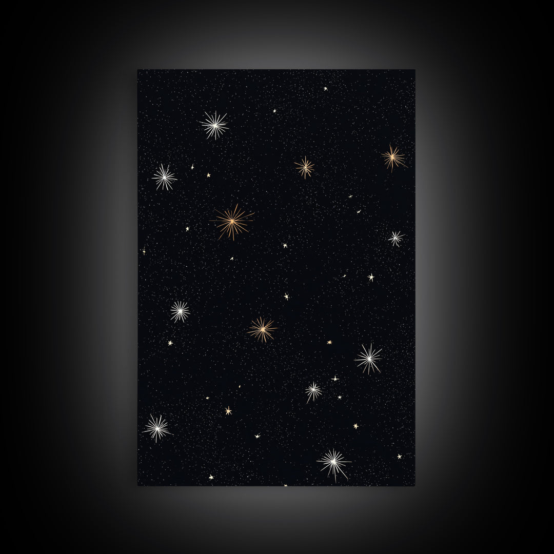 Black Night Sky Starburst Canvas Print, Gold White Celestial Wall Art, Retro Space Poster, Minimal Cosmic Modern Decor Print