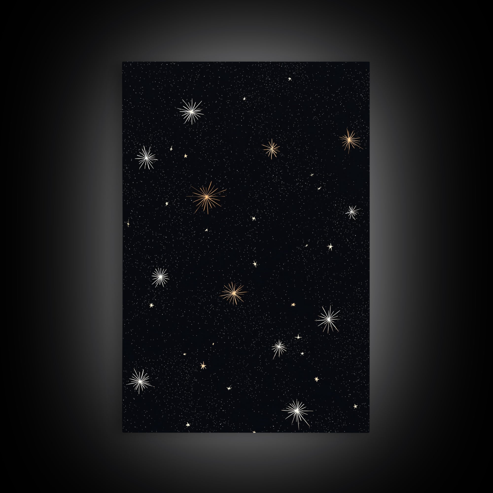 Black Night Sky Starburst Canvas Print, Gold White Celestial Wall Art, Retro Space Poster, Minimal Cosmic Modern Decor Print