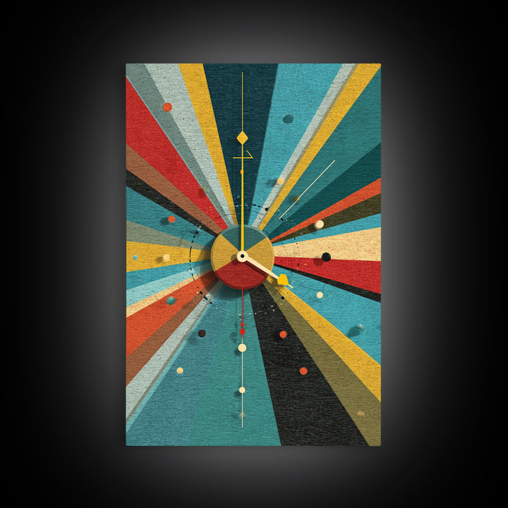 Textured Atomic Clock Sunburst Framed Canvas Print, Midcentury Modern Wall Art, Geometric MCM Poster For Living Room Decor