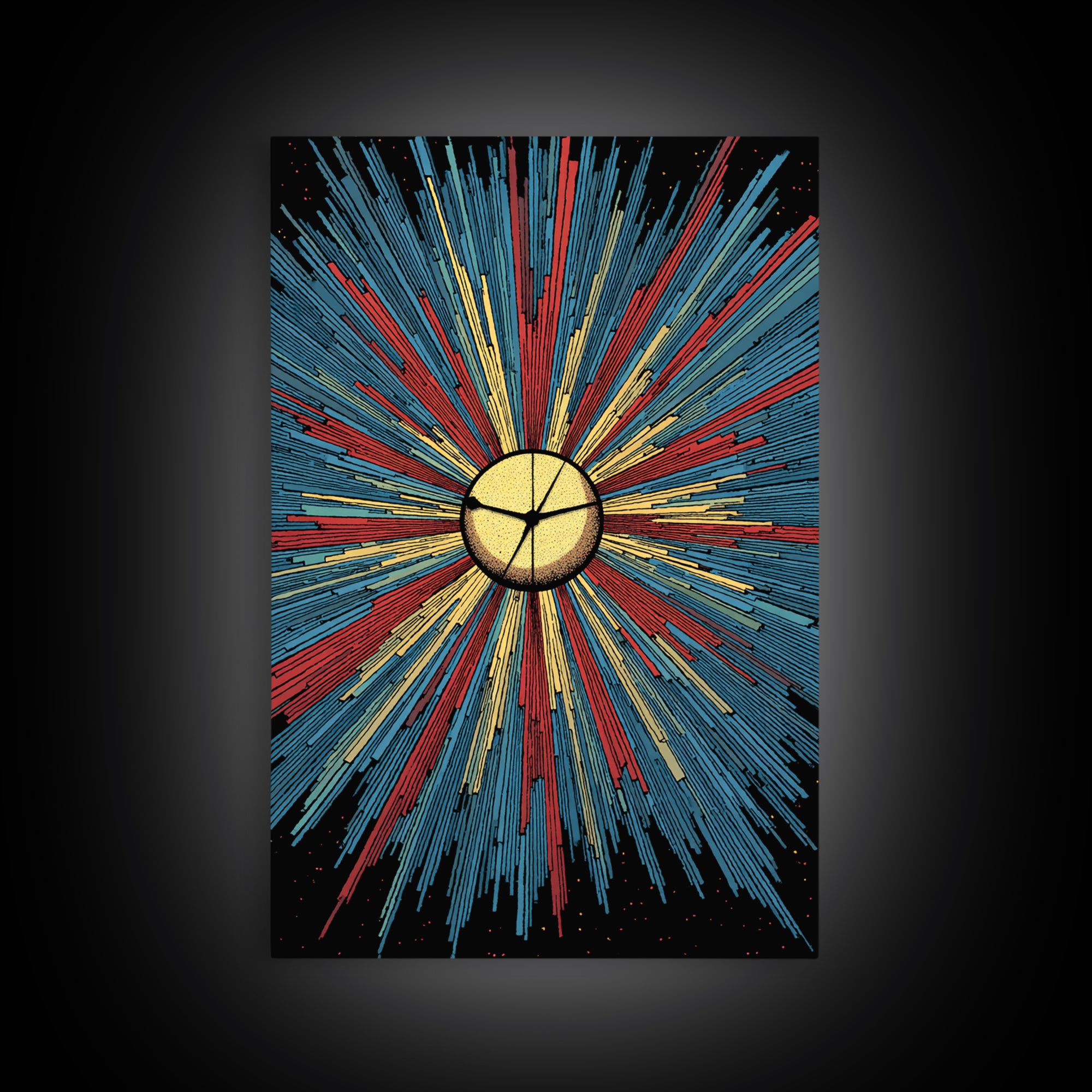 Bold Halftone Sunburst Clock Canvas Print, Retro Midcentury Wall Art, Atomic Space Poster, Colorful Modern Home Decor Gift