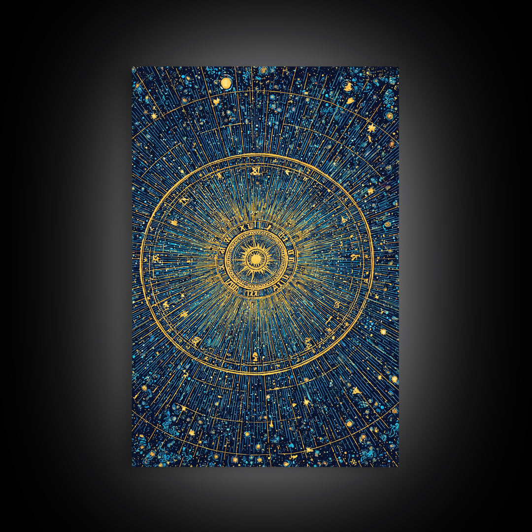 Gold Zodiac Star Chart Wall Art, Celestial Astronomy Poster, Cosmic Midcentury Modern Art Print, Navy Blue Home Decor Gift