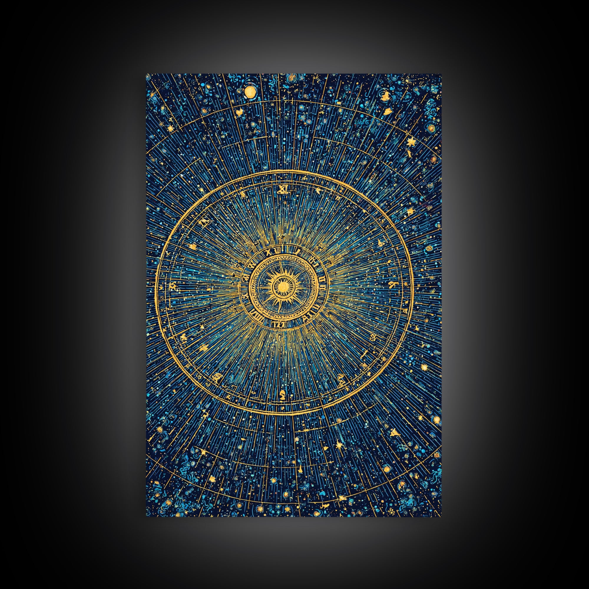 Gold Zodiac Star Chart Wall Art, Celestial Astronomy Poster, Cosmic Midcentury Modern Art Print, Navy Blue Home Decor Gift