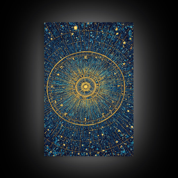 Gold Zodiac Star Chart Wall Art, Celestial Astronomy Poster, Cosmic Midcentury Modern Art Print, Navy Blue Home Decor Gift
