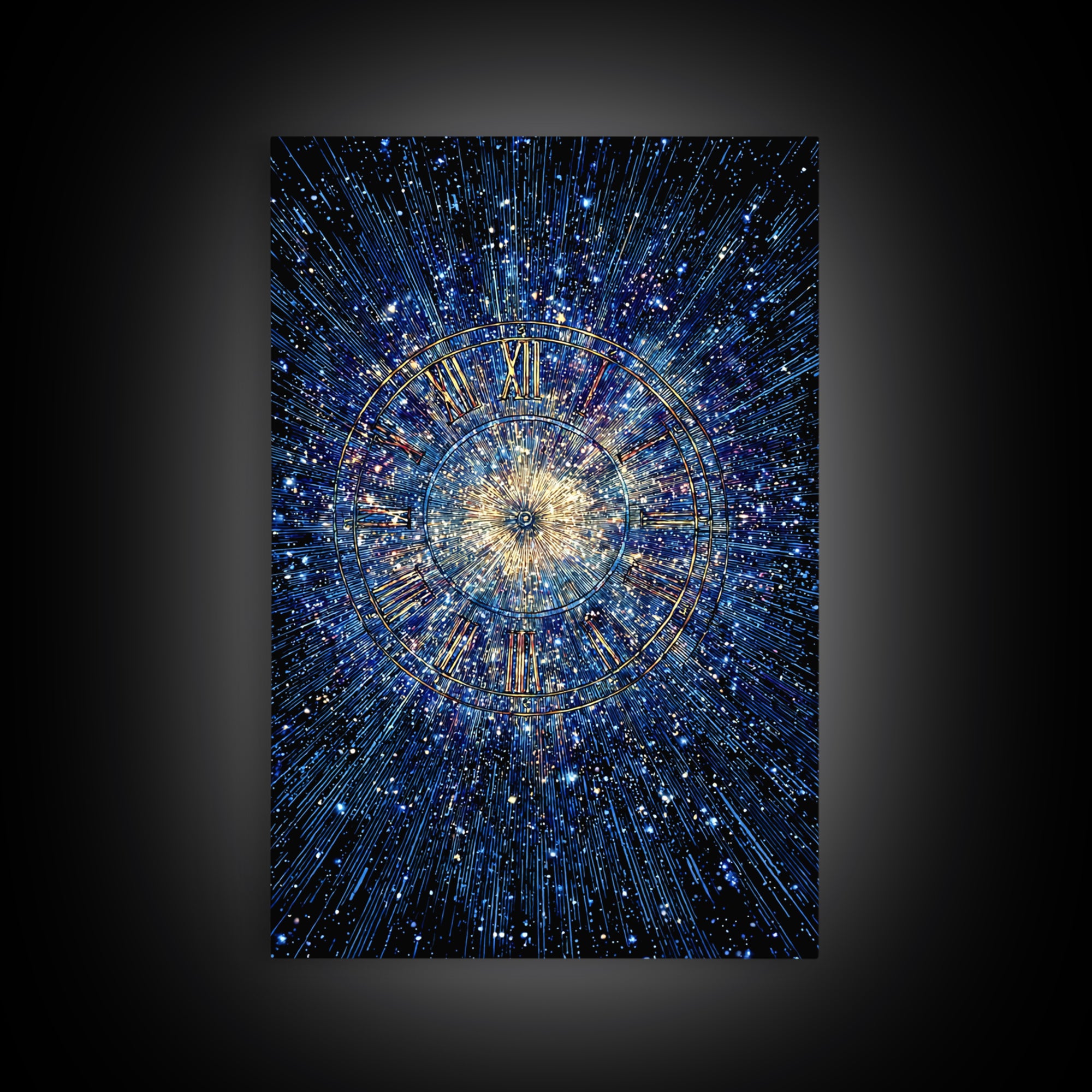 Blue Galaxy Roman Numeral Clock Canvas Print, Celestial Space Wall Art, Cosmic Starburst Poster, Modern Home Office Decor
