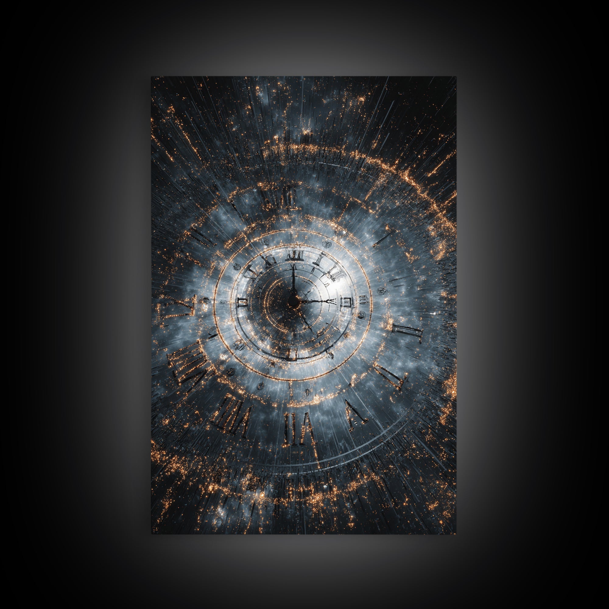 Smoky Spiral Time Clock Wall Art, Roman Numeral Galaxy Poster, Cosmic Framed Canvas Print, Dark Modern Office Decor Gift