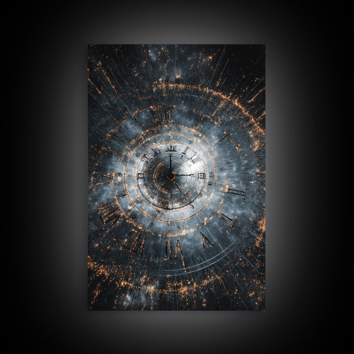 Smoky Spiral Time Clock Wall Art, Roman Numeral Galaxy Poster, Cosmic Framed Canvas Print, Dark Modern Office Decor Gift
